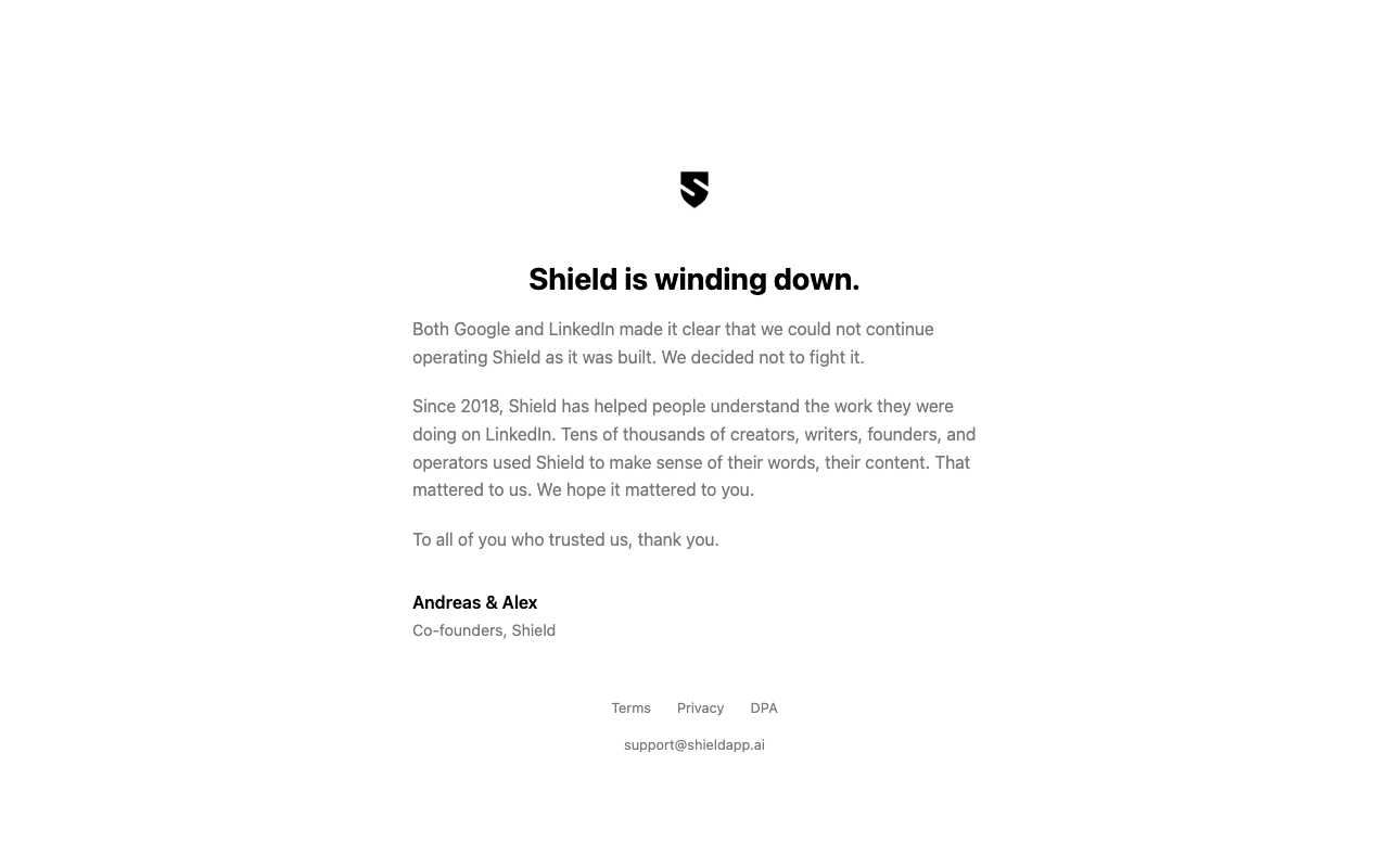Shield Analytics wind-down announcement page